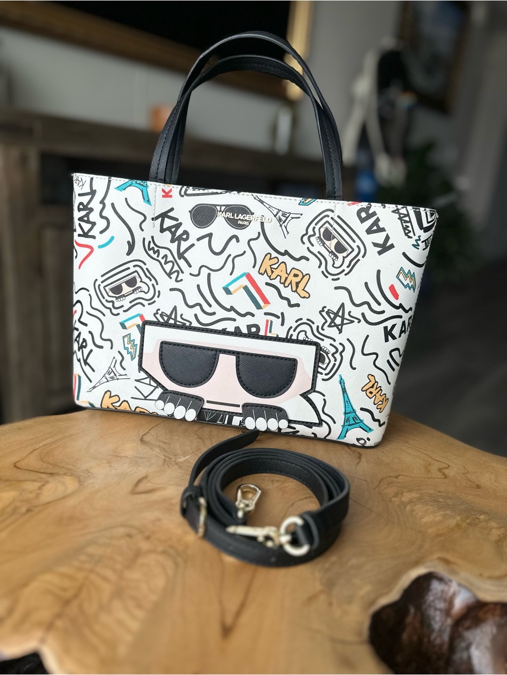 White Maybelle tote with Karl graffiti print
